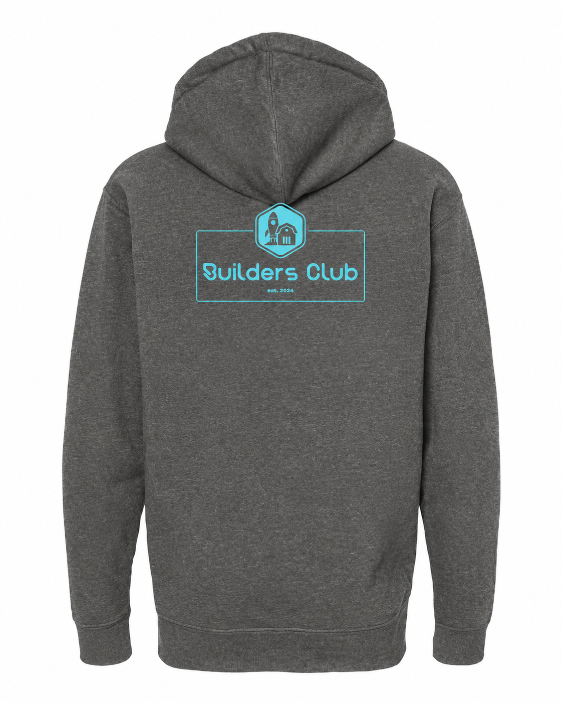Builders Club hoodie back — charcoal with turquoise print