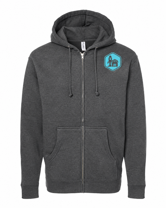 Builders Club hoodie front — charcoal with turquoise print