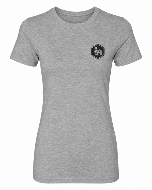 Builders Club ladies tee front — heather grey with black print