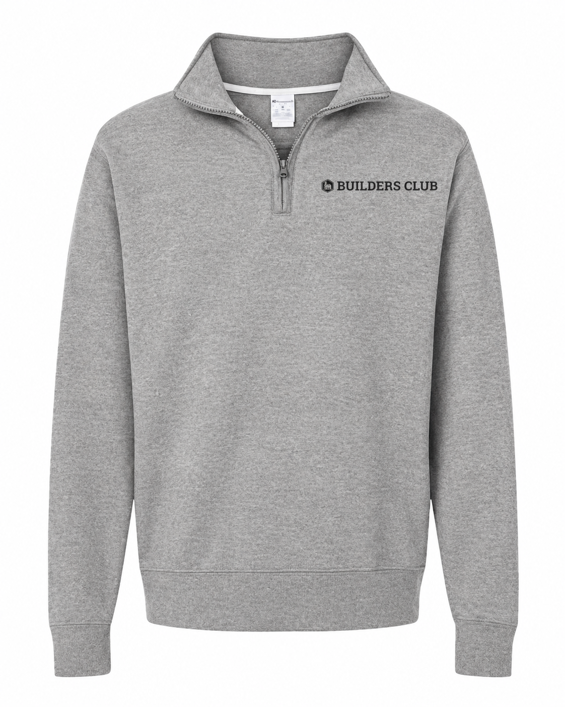 Builders Club quarter zip front — heather grey with black print