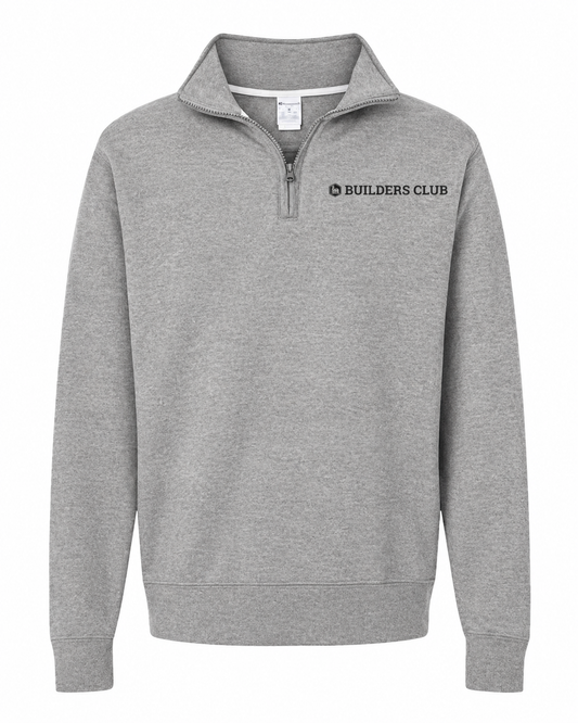 Builders Club quarter zip front — heather grey with black print