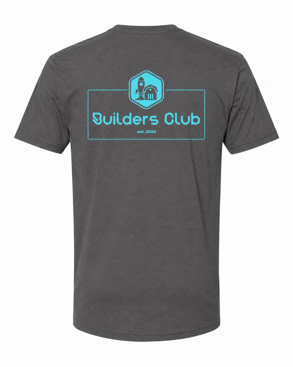 Builders Club unisex tee back — charcoal with turquoise print