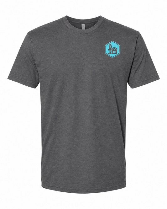 Builders Club unisex tee front — charcoal with turquoise print